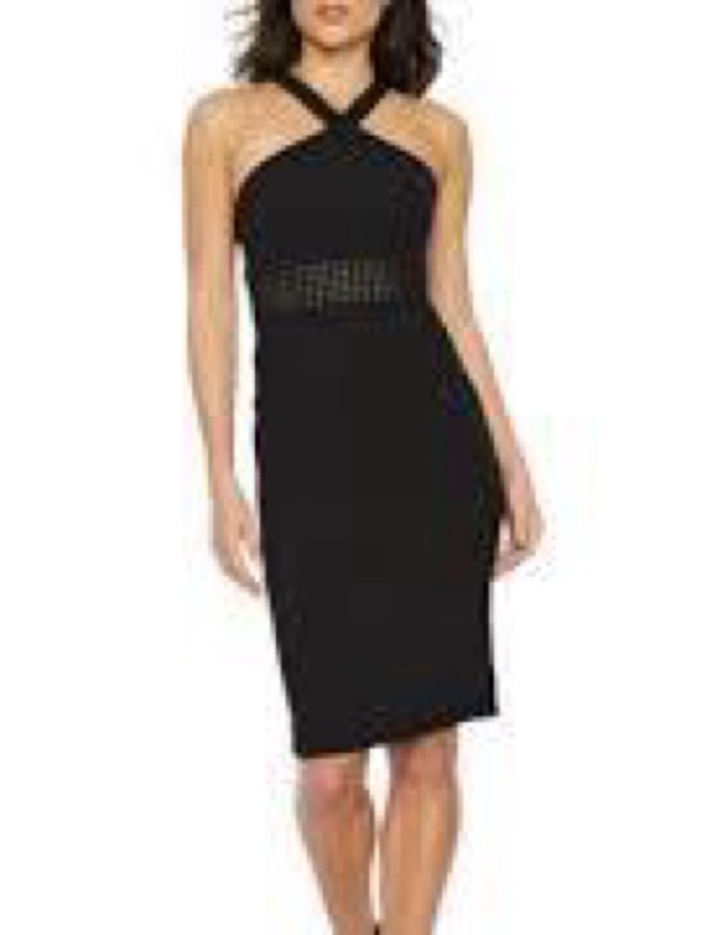 Premier Amour Black Halter Dress Geometric Crochet Lace Cutout Midi Sheath